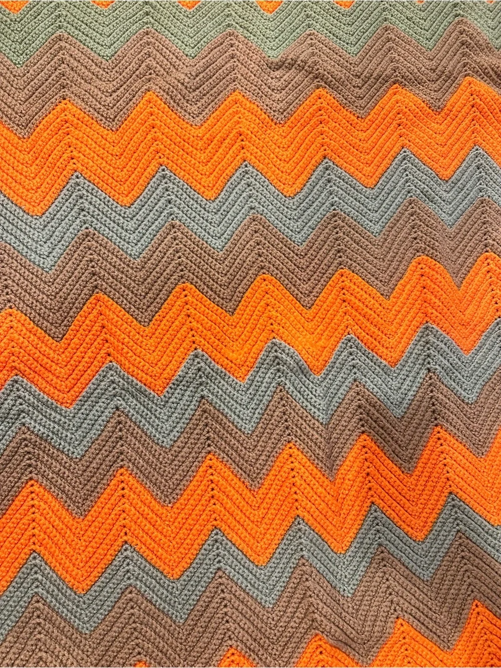Vintage Chevron Knit Blanket in Orange, Olive & Tan - approx 38 in. X 54 in.